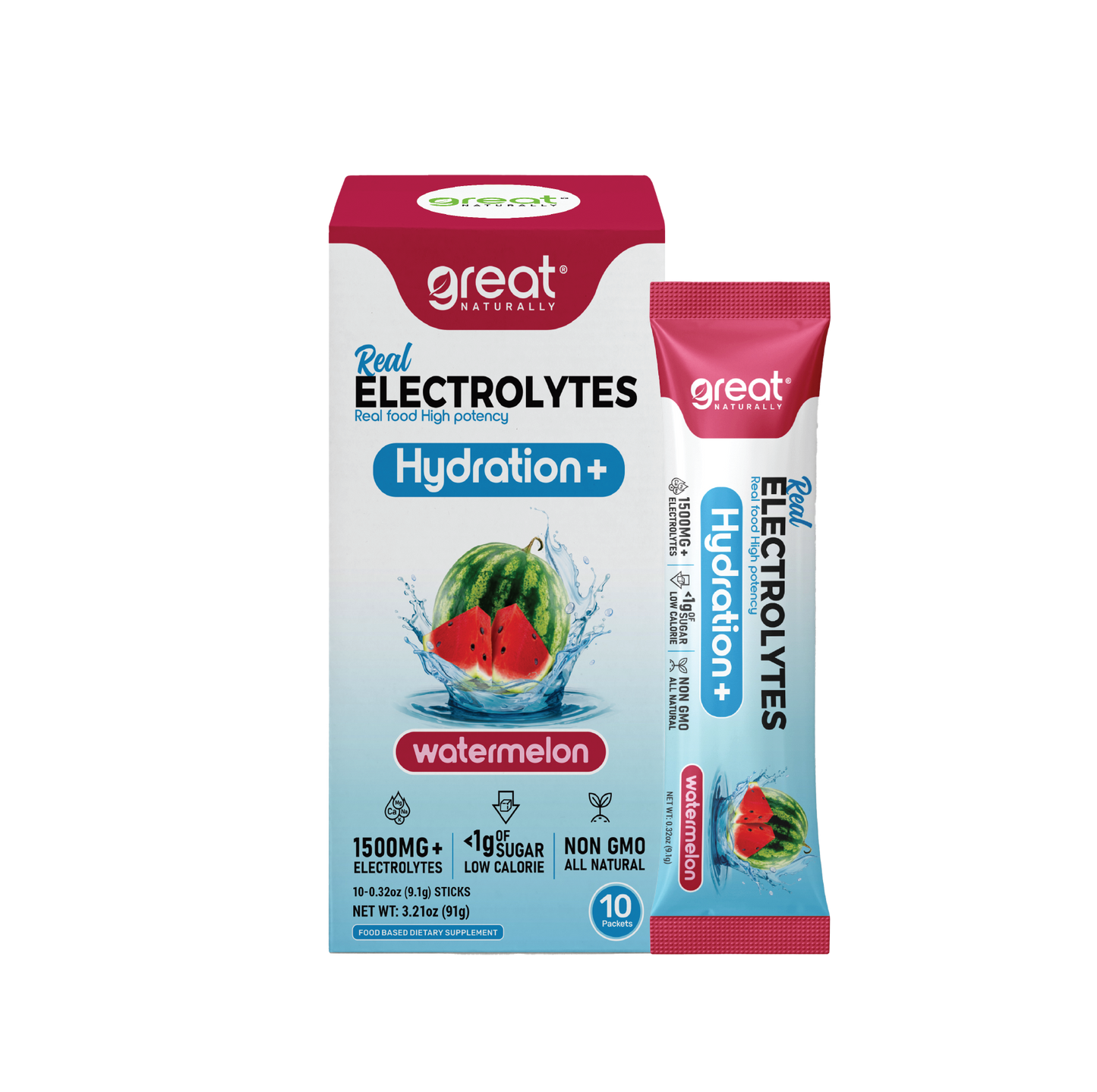 Real Electrolytes Hydration+ Watermelon Stick Pack Single Serving .32oz (9.1g) Packet Image 1