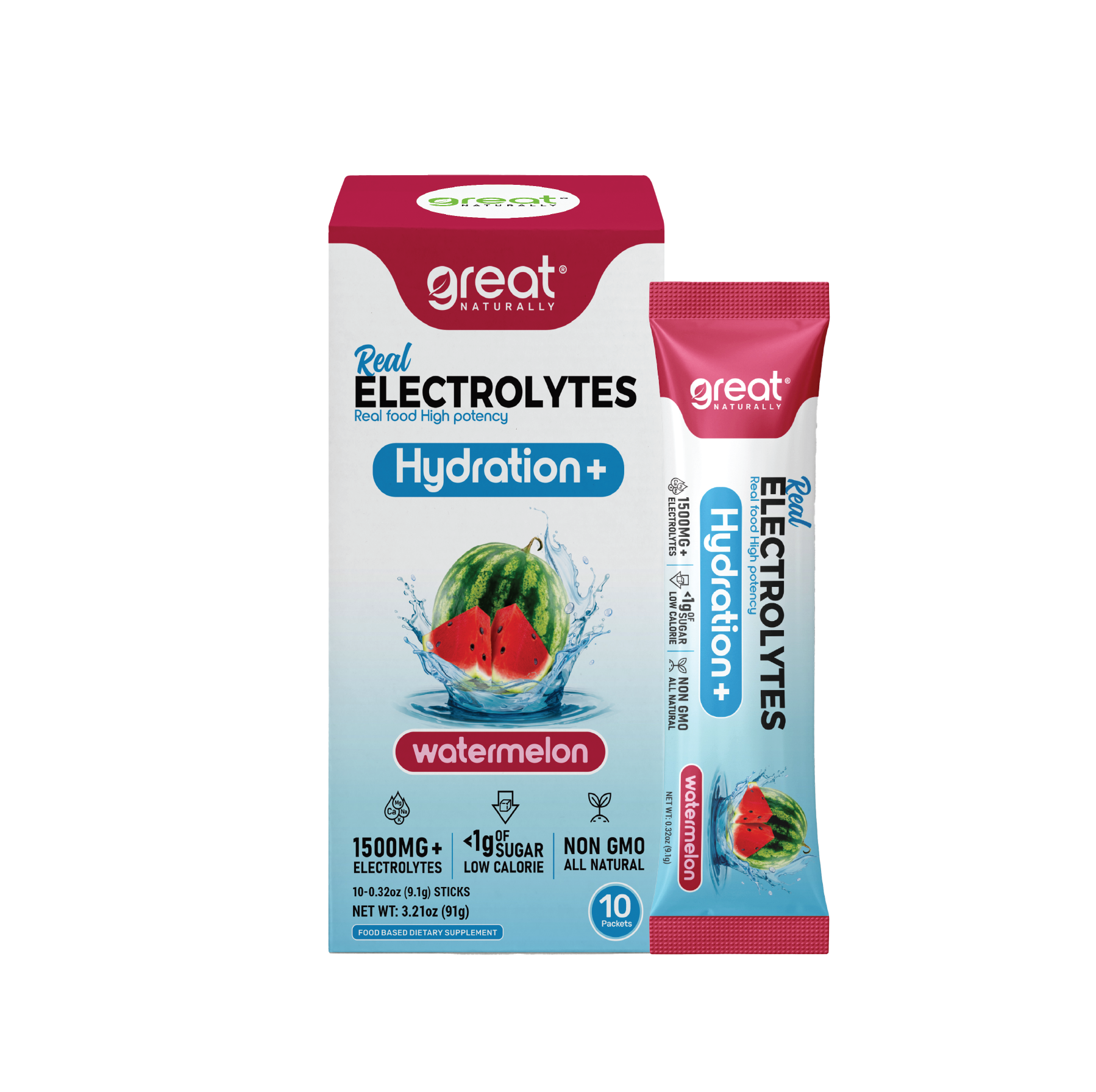 Real Electrolytes Hydration+ Watermelon Stick Pack Single Serving .32oz (9.1g) Packet Image 1